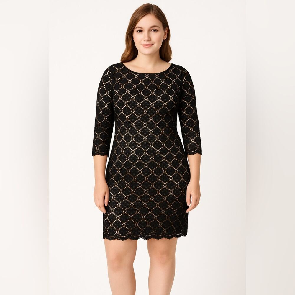 RN Studio by Ronni Nicole Black Lace Overlay Dress Nude Lining Scalloped 14P - Picture 1 of 8